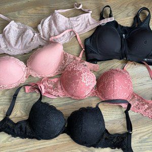 34DDD 34F 34DD/E Bra Bundle (Pink and Black, Lace Bra, Pushup Bra, Sports Bra)